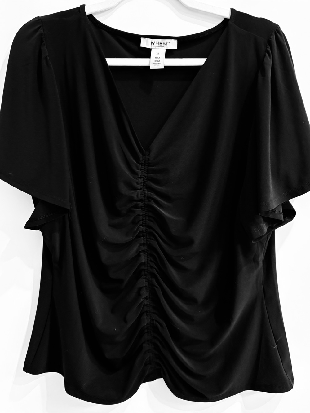 White House Black Market Black Ruched V-Neck Flutter Sleeve Blouse
